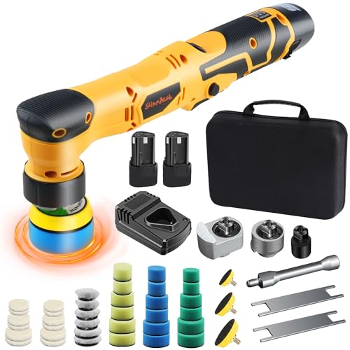 SHINEJACK Cordless Mini Car Polisher, 1 Inch 3 Inch Dual Action & Rotary Polishing Machine for Car Detailing, Waxing, Polishing, Scratch Removing Yellow