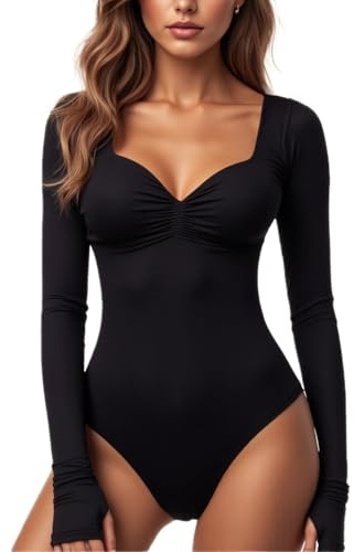 AOWVUTS Body Donna Manica Lunga Bodysuit Scollo a V Sexy Tinta Unita Elegante Body Aderente Top Tuta Basic T-Shirt Casuale Elasticizzato Jumpsuits Camicie Bluse Maglietta Intima