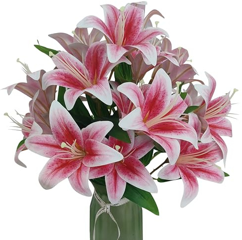 ARTIFIPLANT Artificial Lilies Flowers,10Pcs Faux Lily Flower,20''Tiger Lily Branch with 2 Full Blooms, Faux Fake Lilies Plants for Wedding Bouquet Home Party Indoor Floral Arrangements (10, hot Pink)