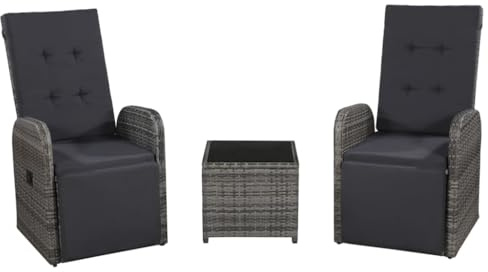 Tonture Ensemble bistro 3 pièces en polyrotin gris avec fauteuils réglables, plateau en verre, coussins confortables pour jardin, balcon, terrasse, 175 cm