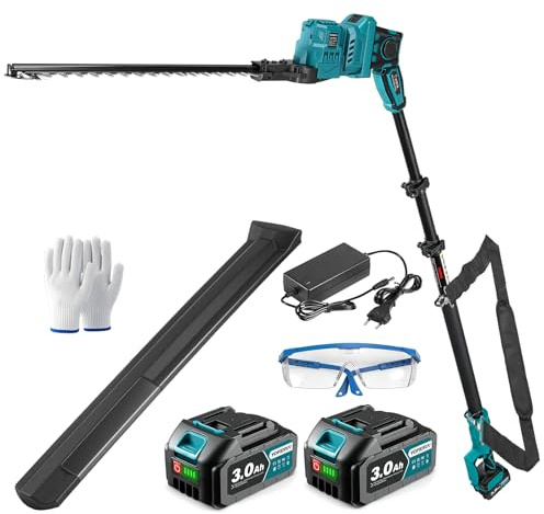 Yofidra Cortasetos Eléctrico Telescópico 40 cm, Cortasetos Inalámbrico con 2 Baterías de 3.0 Ah y Cargador, Pértiga de 2,4 m, Cabezal Orientable 180°, Cortasetos a Batería para Mantenimiento de Setos