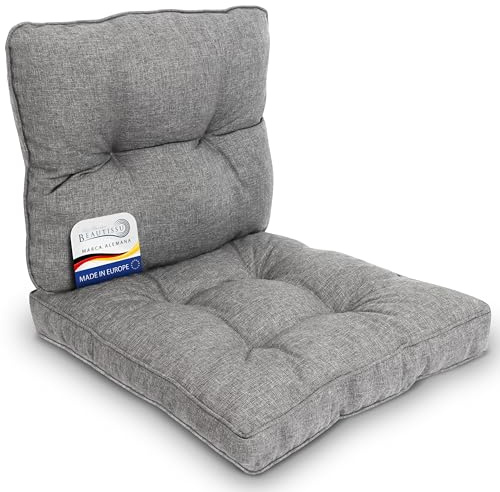 Beautissu Set Cojines Jardin Exterior Asiento 50x50 cm & Respaldo 50x40 cm – Funda Repelente Suciedad y Agua – Cómodo Cojin Exterior Lounge Silla Acolchado Muebles de Jardín Gris Claro – BeauFlair