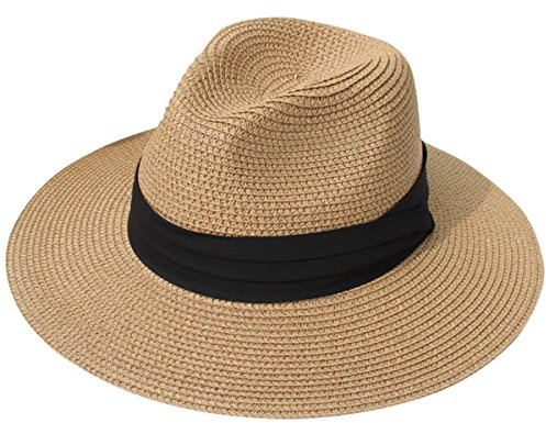 Lanzom Women Wide Brim Straw Panama Roll up Hat Fedora Beach Sun Hat UPF50+ (A-Square Belt Brown)