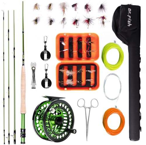 Dr.Fish Fly Fishing Rod and Reel Combo 9ft Rod 5/6 Reel Carbon Fiber CNC Machined Aluminum Alloy Reel Fly Fishing Starter Gear Equipment Package with Carrier Bag