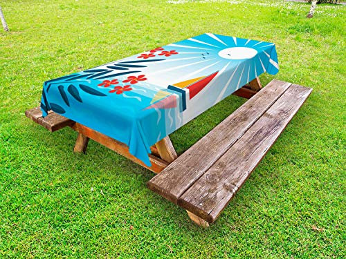 ABAKUHAUS Nautique Nappe Extérieure, Lauriers Roses et Bateau à Voile, Nappe de Table de Pique-Nique Lavable et Décorative, 145 cm x 265 cm, Bleu Orange Blanc