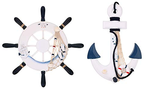 Skelang Nautical Ship Wheel Ornament 33cm, Anchor Wall Hanging Decor, Wooden Mediterranean Wall Art, Indoor Outdoor Hanging Decor for Party, Bathroom Door, Pack of 2