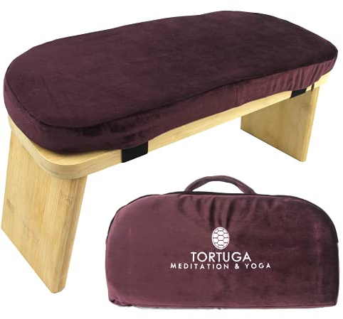 TORTUGA - Banco de Meditación Plegable y Ergonómico 100% de Bambú Orgánico, Sostenible y Resistente - Color GRANATE - Pack completo: Bolsa para transportar, cómodo cojín - Mejora Postura y Mindfulness