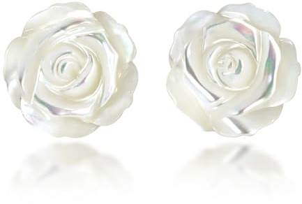 Delicate Pure White Rose Carved from Mother of Pearl Stud Earrings