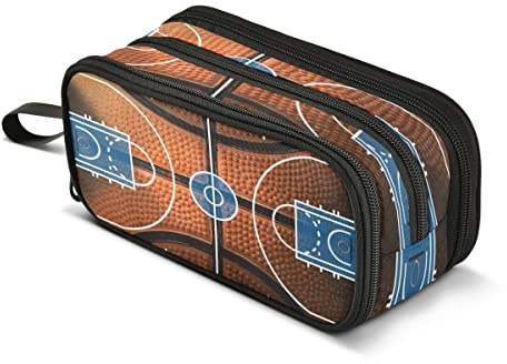 Basketballplatz mit Detail eines schwarzen und orangefarbenen Basketball-Federmäppchen, 3 Fächer, Stifttasche, Box, Schule, tragbare Schreibwaren-Aufbewahrungstasche für Mädchen Jungen