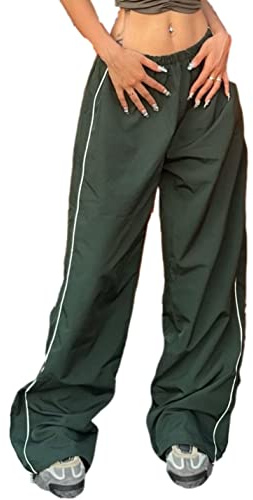 Shebote Womens Parachute Pants Wide Leg Baggy Y2K Elastic Waist Jogger Sweatpants Track Pants Streetwear(0046-ArmyGreen-S)