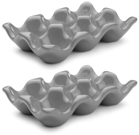 Flexzion Ceramic Egg Holder for Fridge, 12 Cup Porcelain Egg Tray, Gray