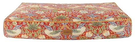 Rosewood x Morris & Co. Strawberry Thief Mattress for Dogs, Medium Dog Bed, Burgundy, Thickly Padded, Non-Slip Base, Washable, Luxury William Morris Print