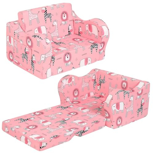 MOMCAYWEX Kids Sofa, 2-in-1 Flip-Out Foam Couch, Foldable Soft Play Lounge Chair, Pink