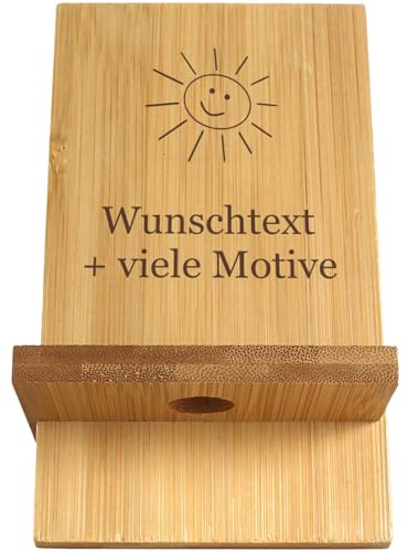 Handyhalterung Bambus mit Gravur, Name + Motiv, Handy Ständer mit Ladeöffnung, Smartphone Halter, Telefonständer, Tischhalter für Handy, Schreibtisch, Home Office, Geschenkidee