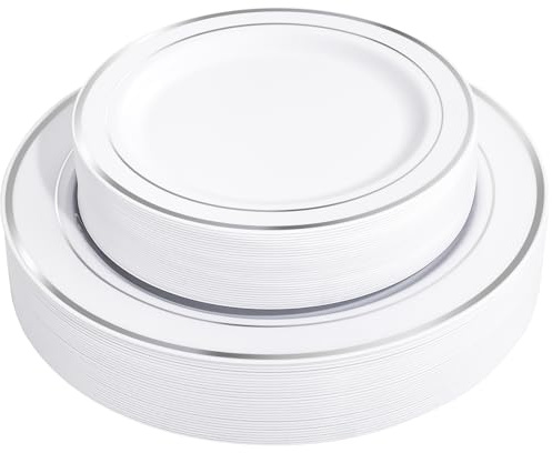 FLOWERCAT 60PCS Silver Plastic Plates - Heavy Duty White and Silver Plastic Plates Disposable - Include 30PCS 10.25inch Dinner Plates and 30PCS 7.5inch Dessert Plates for Wedding&Birthday Party