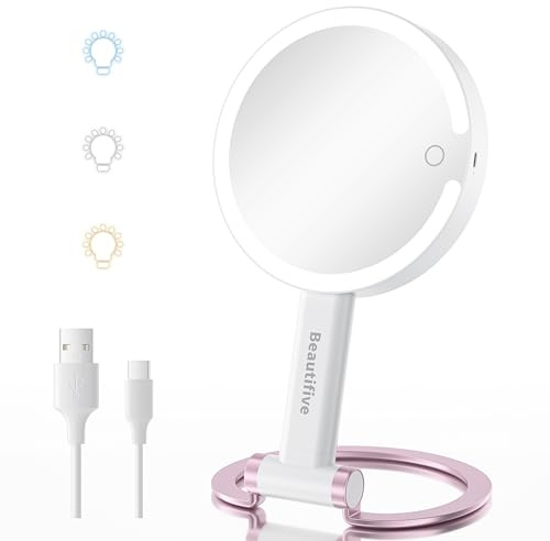 Beautifve Vergrößerungsspiegel mit Licht, 10X/1X Doppelseitiger Kosmetikspiegel mit Beleuchtung, Dimmbarer Touch Schminkspiegel, Abnehmbare Basis Reisespiegel für Handheld, Hanging, Tischplatte