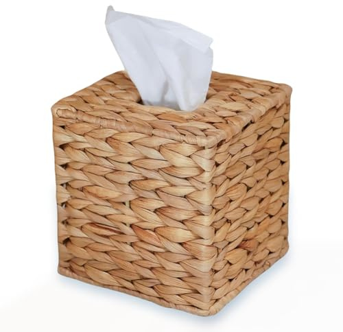 Water Hyacinth Handwoven Tissue Box Cover, Handmade Wicker Napkin Box Holder, Rustic Decorative on Table and Bathroom