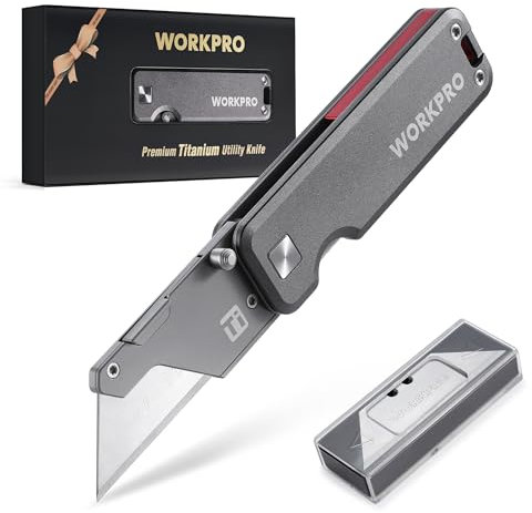 WORKPRO Cuchillo Universal Plegable, Cuchillo para Alfombra, Cuchillo de Corte, Cuchillo Utilitario CNC de Titanio, Mango de Aluminio Ligero, Incluye 10 Cuchillas Adicionales