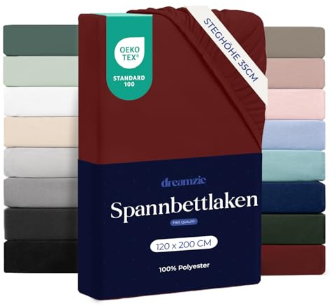 Dreamzie Påslakan 120 x 200 cm för Tjock Madrass upp till 33 cm - 100% Mikrofiber - Bourgogne Certifierad Utan Kemikalier (Oeko TEX), Påslakan Med Full Elastisk | Ultramjukt mikrofiber - OEKO-TEX-certifierad, 1 person sängkläder, tjock madrass, andas, enkel skötsel