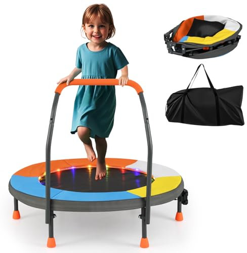 COSTWAY Trampoline Exterieur Enfant Ø90 cm avec 20 Lumières LED, Poignée en Mousse, Mini Trampoline Pliable Interieur Exterieur, Patins Antidérapants, 330D Oxford, pour Tout-Petits 3-6 Ans