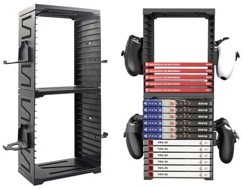 Fesatccoz 24 rutnät videospel lagertorn, dubbla lager spelhållare justerbar spelhållare rack med 4 kontroller Mounts kompatibel med PS5 PS4