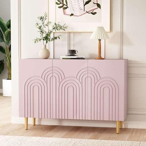 HOLTICO Sideboard with 3 Doors, Accent Buffet Cabinet with Cloud Relief, Modern Wooden Sideboard Storage Cabinet Pink Sideboards for Living Room, Dining Room, Hallway, Kitchen