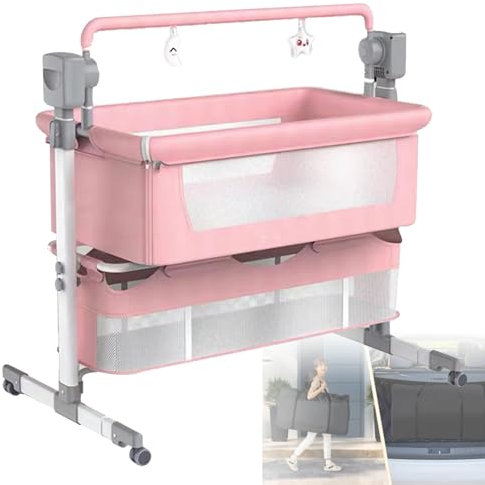 Elektrisches Babybett, multifunktionales Bluetooth-Beistellbett, Stubenwagen, Beistellbett für Kleinkinder, faltbare, umbaubare Wiege mit abnehmbarem Netz, Aufbewahrungskorb und Tragetasche,Pink