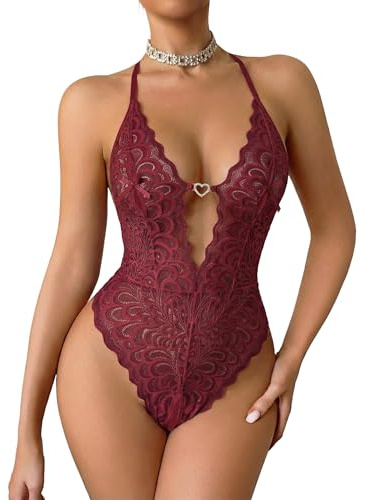 Avidlove Lingerie for Women Sexy Cut Out Teddy Deep V Lace Bodysuit One Piece Babydoll Dark Red M