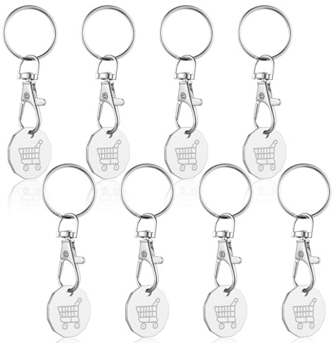 WJIAAA 8 Pcs Trolley Token UK, Stainless Steel Trolley Coin Keyring, 12-Sided Shopping Cart Key Clip for Supermarket Basket & Locker, Silver