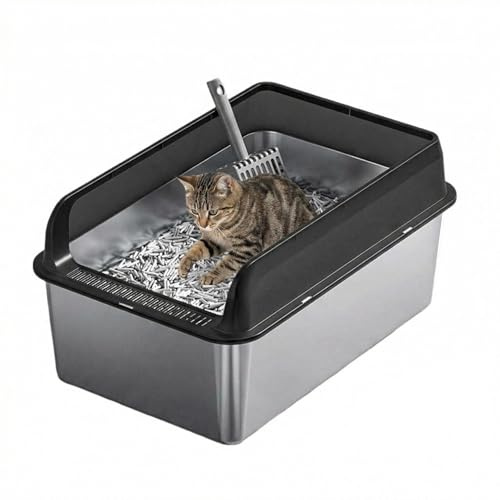 Stainless Steel Cat Litter Box with Lid – Enclosed, Non-Stick, Rust-Proof Metal Litter Box with Litters Filter & Scoop, 8 Deep for Large Cats Black