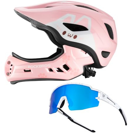 ROCKBROS Casco Integrale con Mento Staccabile (48-52cm) + Occhiali Polarizzati UV400 – Set Sicurezza per Bambini e Ragazzi, Ideale per MTB, BMX, Skateboard e Scooter