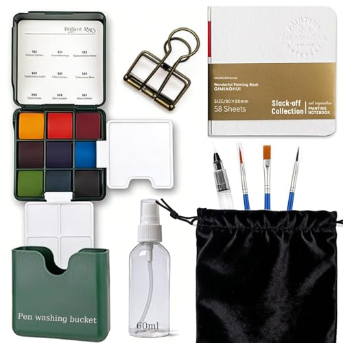 Travel Watercolor Set, Integrating Painting, Color Grading, and Washing | Complete Pocket-Sized Painting Set, Portable mini Watercolour paint set perfect for Beginners, storage bag for easy carrying