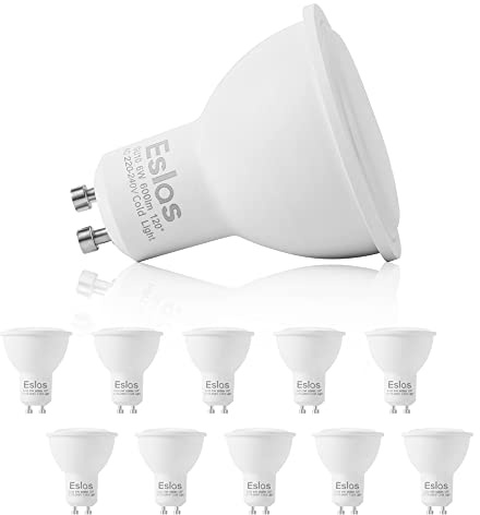 Eslas GU10 LED Bulbs, Cool White 6000K, 6W 600LM, 60W Equivalent, 10 Pack | 120 Degree Beam, Not-dimmable, Spotlight Bulb for Ceiling, Recesses and Track Lighting