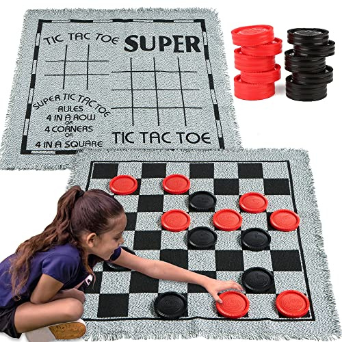 3-in-1 Vintage Giant Checkers, Tic, Tac, Toe, with Reversible Mat, 24 Chips, Family Board Game, Lawn Game, BBQ Party Favor, Indoor and Outdoor Activity for Kids and Adults