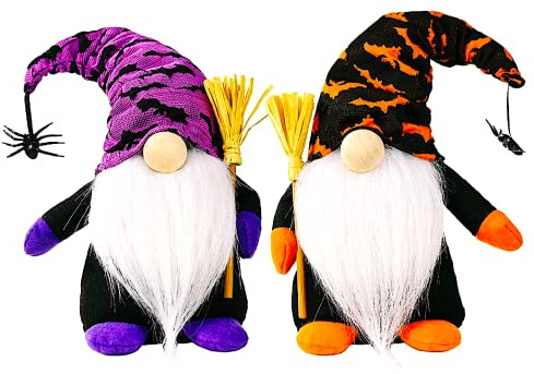 Halloween Gnome 2-Pack – Handmade Orange & Purple Figures with Wooden Broom – 10 Inch Tall Funny Halloween Decoration for Home by Cool Bean Inc