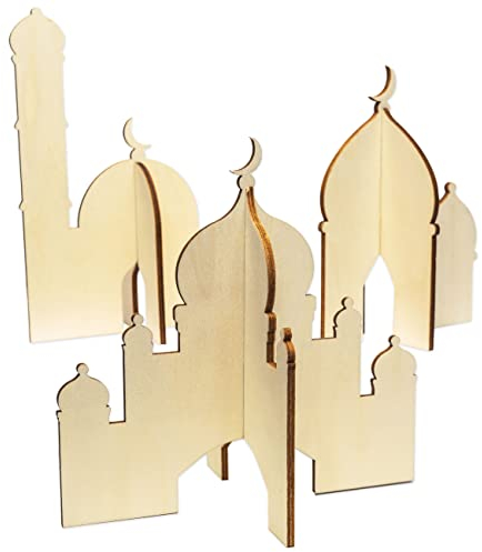 Papierdrachen 3 Verschiedene Holz Moscheen zum Stecken - Ramadan Dekoration - Leichter Aufbau - Tischdekoration Eid Mubarak - naturbelassenes Holz - wiederverwendbar - Set 5