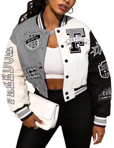 Flygo Women's Letter Print Crop Baseball Jacket Bomber Long Sleeve Colorblock Varsity Outerwear(Grey-L)
