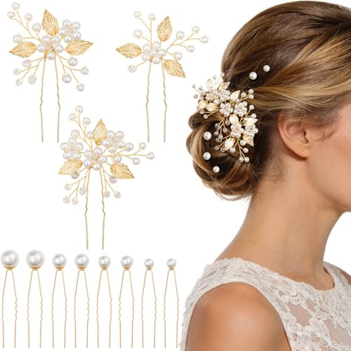 Kiiwah 11 Pezzi Forcine Capelli Sposa, Accessori Capelli Sposa con Perle Eleganti per Donne Ragazze Festa (oro)