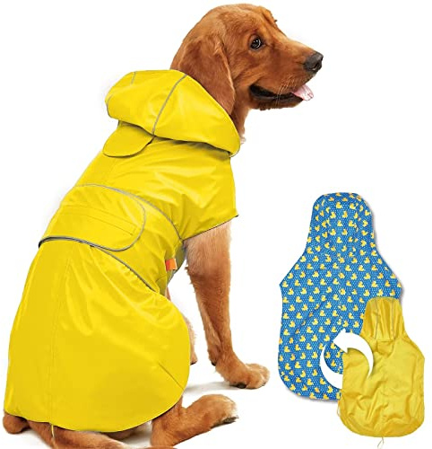 Kimee Dog Raincoat Reversible, Single Side Slicker Poncho Adjustable Waterproof Dog Rain Jacket with Leash Hole/Reflective Stripe Hooded Snowproof Windproof Clothes for Small to 3X-Large Dogs, L