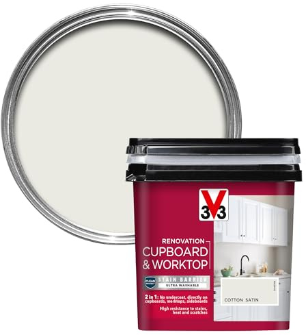 V33 Renovation Cupboard & Worktop Paint - No Undercoat Needed - High Resistance To Water Stains & Scratches - Ultra Washable - Cotton Satin 750ml