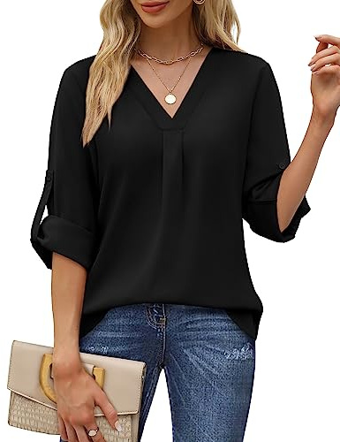 Aokosor Women Tops Blouse for Women UK Ladies Long Sleeve Tops Pleated Chiffon Tunic Tops 3/4 Sleeve Elegant Black Size 10-12