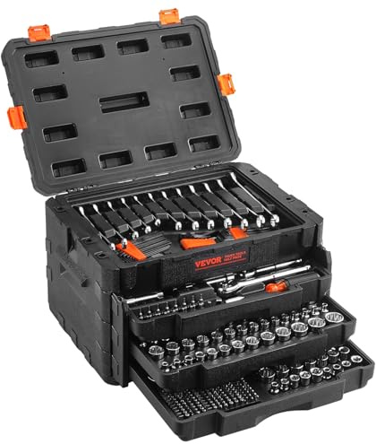 VEVOR Mechanics Tool Set and Socket Set, 1/4 3/8 1/2 Drive Deep and Standard Sockets, 450 Pcs SAE and Metric Mechanic Tool Kit with Bits, Combination Wrench, Hex Wrenches, Accessories, Storage Case