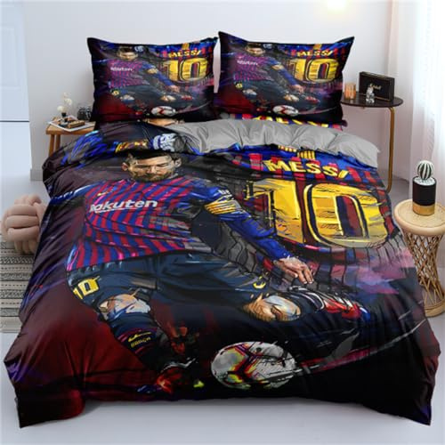 ENIXWH Juego de ropa de cama con diseño de estrella del fútbol FCB Messi en 3D, microfibra, juego de club de fútbol, 1 con cremalleras y 2 sobres, funda de almohada para niños y niñas (A, 140 x 200