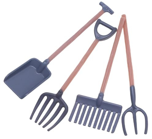 LOGOFUN 4pcs Miniature Dollhouse Garden Tools 1:12 Scale Mini Shovels Rake Pitchfork Model Tiny Farmhouse Tools for Mini House Fairy Garden Decoration Accessories - 9.5 * 2cm/3.7 * 0.7in