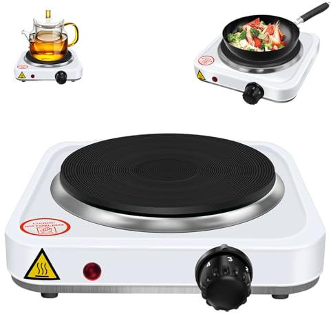 1000W Single Hot Plate for Table Top Cooking Cast Iron Heating Plate Portable Electric Hob with 5 Levels ＆ Power Indicator Overheating Protection for Home, Kitchen and Outdoors - White