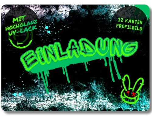 celebr8te 12x Graffiti Einladungskarten - Für den Kindergeburtstag von Jungen - grüne Neon Graffiti Geburtstagseinladungen inkl. Messenger Bild & Urlaubsgutschein