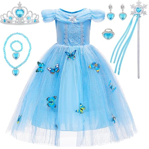 JAMATA Robe de Princesse Elsa pour Filles,Complet avec Couronne,Baguette de Fée,Collier,Bague,Bracelet,Paire de Clips D'oreille,Idéal pour Cosplay,Anniversaires et Carnaval,Taille 120 pour 4-5 Ans