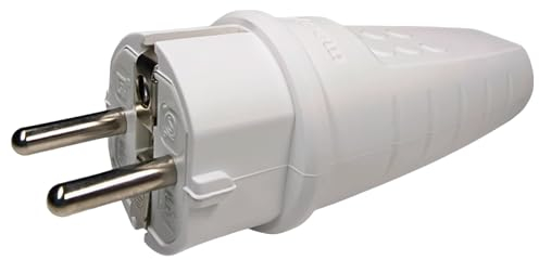 Gummistecker Außenbereich, 230V, 16A, IP44, Stormkabel bis max. 2,5mm², Bruchfest Stecker, Wasserdicht Stecker, Schutzkontakt Stecker mit Knickschutztülle, Zugentlastung (Weiß)