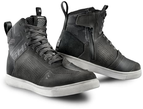 SHIMA REBEL 2.0 Motorrad Schuhe Herren Leder Belüftet Motorradstiefel Protektoren Sneaker Rutschfeste Sohle Knöchelstütze Seitlicher Reißverschluss Bikerboots (Männer, Belüftet Grau, 41)