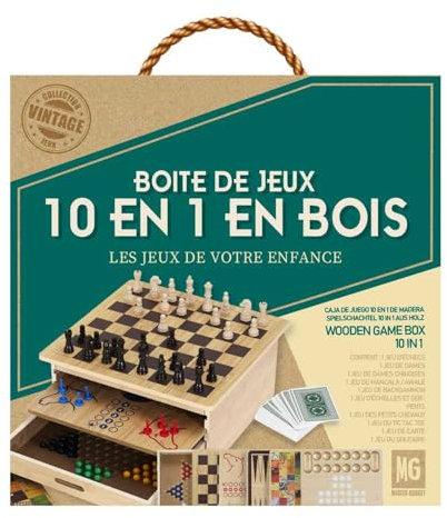 MISTER GADGET, MG3477, Coffret 10 Jeux de Société en Bois, Échecs, Dame, Petits Chevaux, Jeu de l’Oie, Échelle et Serpent, Solitaire, Backgammon, Dame Chinoise, Poker, Dés, Awalé